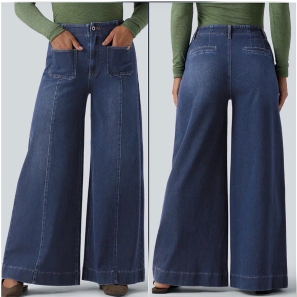 HALARA Denim - HALARA FLex High Waist Pocket Dark Wash Wide Leg Soft Stretch Jeans SZ Large 70s